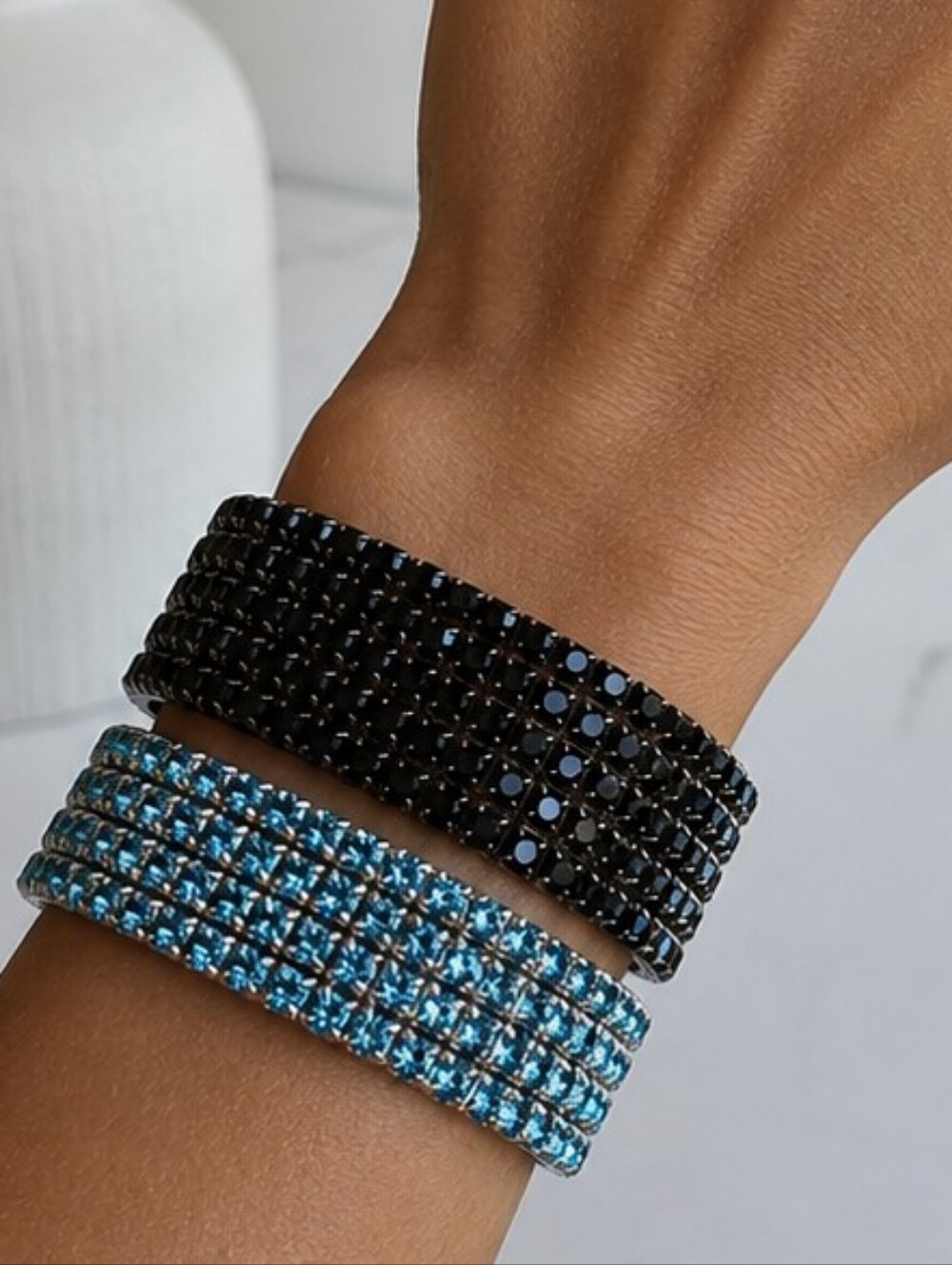 💎 Black Blue Rhinestone Stretch Bracelet Set Wide Sparkle Statement Jewelry